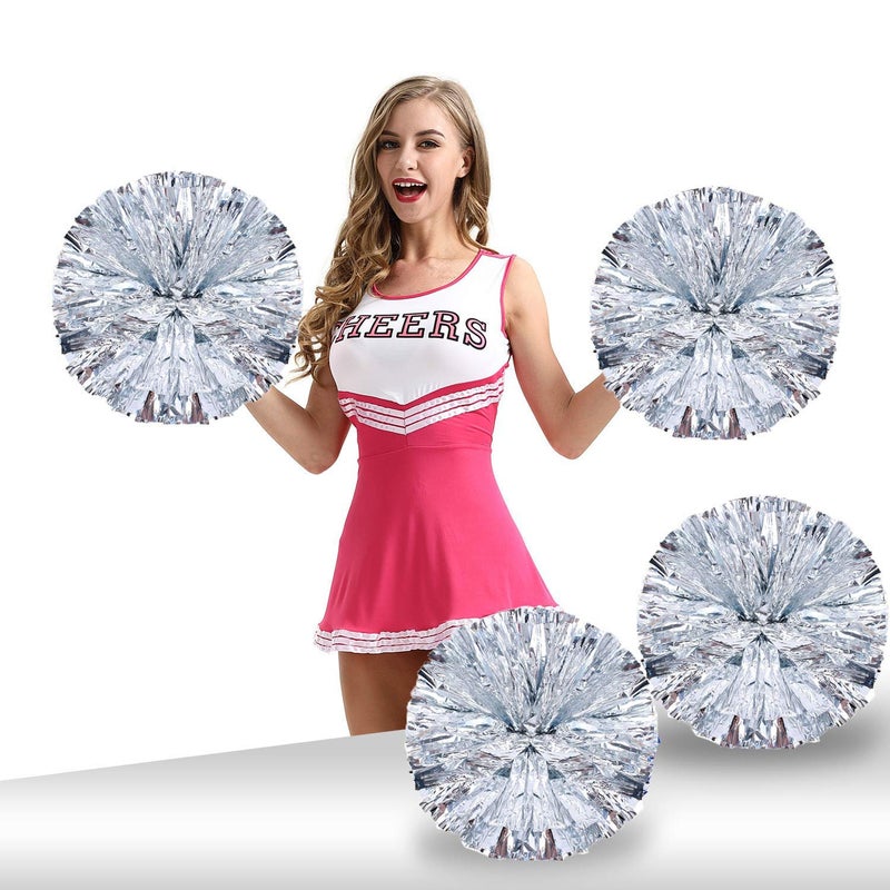 Ueerdand Pack of 4 Cheerleading Pom Poms Foil Plastic Metallic Cheerleader Pom Poms for Cheer Sport Kids Adults Team Spirit Cheering (Silver-1) - Image 1